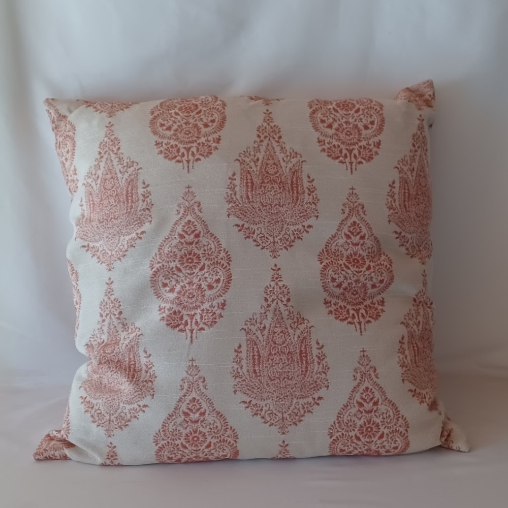 Pier 1 Throw Pillow Ivory Orange Damask Print 20x20 Decorative Square Boho EUC